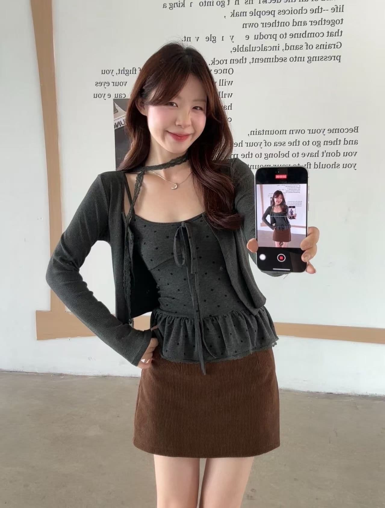 레트로 품격 세트 여성 가을 긴팔 오픈 가디건 만나는 도트 무늬 슬립 맨위 투피스 세트 상세 이미지 1