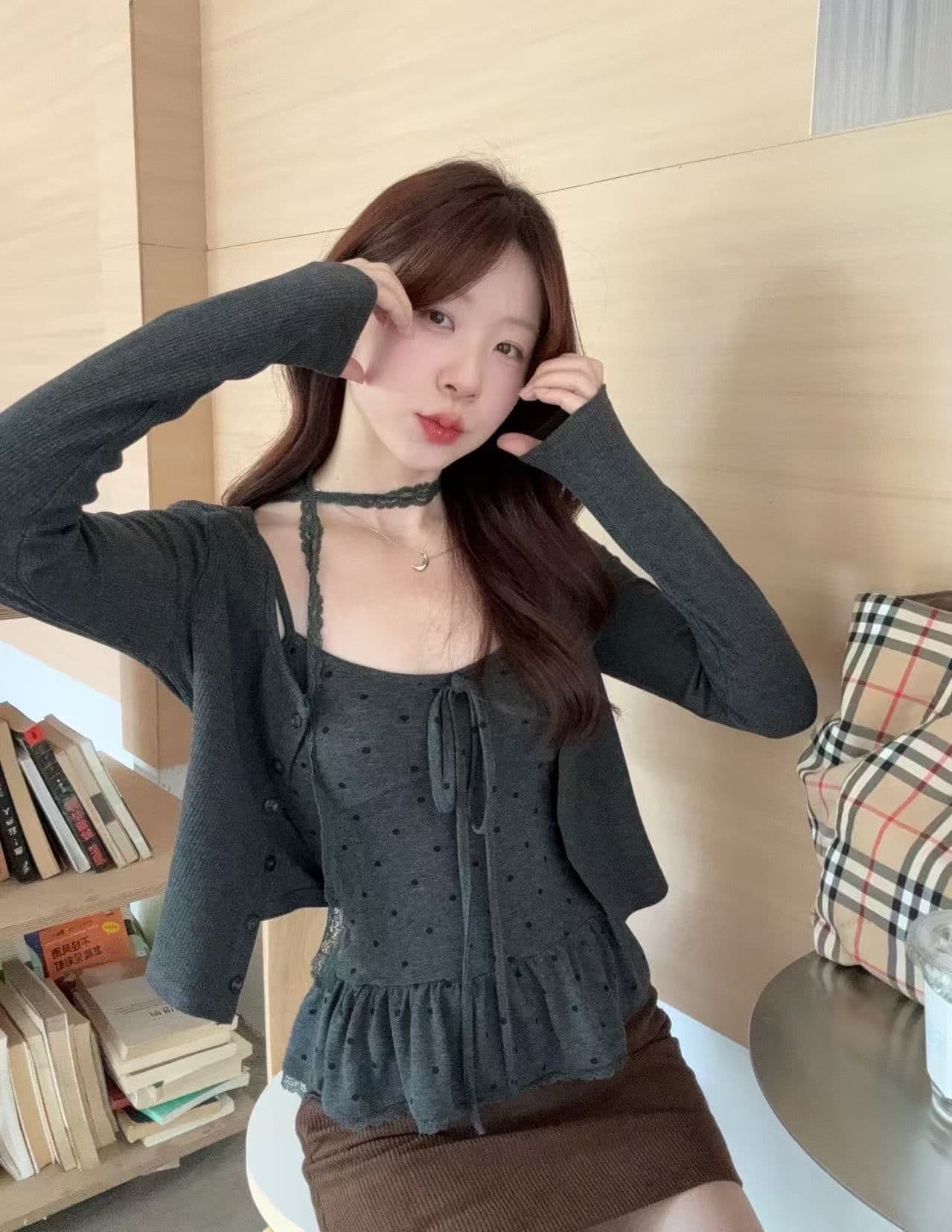 레트로 품격 세트 여성 가을 긴팔 오픈 가디건 만나는 도트 무늬 슬립 맨위 투피스 세트 상세 이미지 7