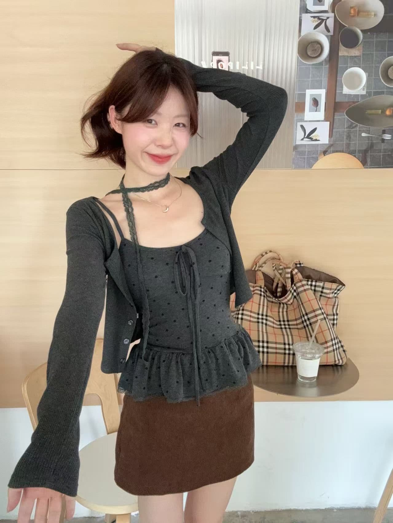 레트로 품격 세트 여성 가을 긴팔 오픈 가디건 만나는 도트 무늬 슬립 맨위 투피스 세트 상세 이미지 9
