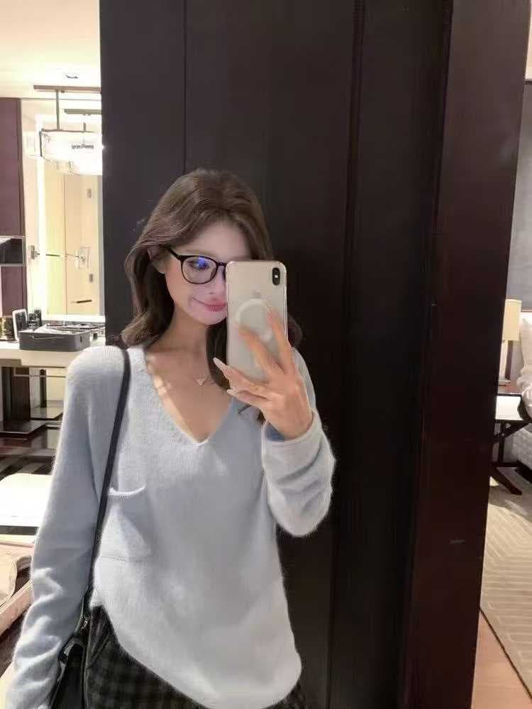 편안함 부드러운 찹쌀 양모 토끼털 혼방 무봉제 캠코더 ji ~까지 평범한 게으른 V넥 니트 스웨터