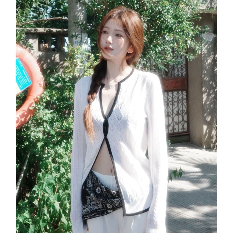 한 부서 배색 홀로우 아웃 니트 오픈 가디건 여성 코트 가을 순수한 욕망 바람 품격 루즈핏 캐주얼 슬림해 보이는 긴팔 맨위 이미지 4