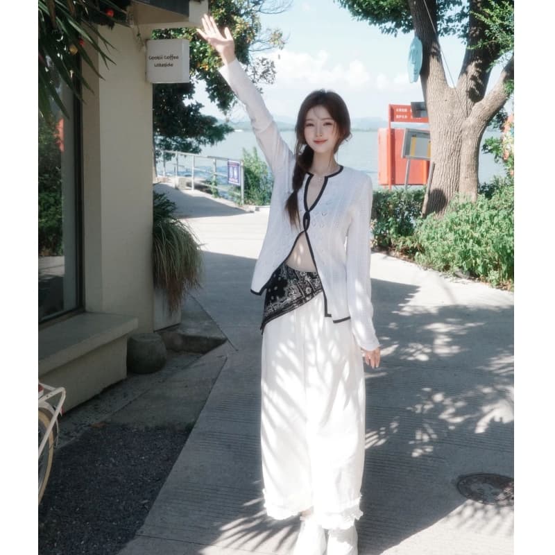 한 부서 배색 홀로우 아웃 니트 오픈 가디건 여성 코트 가을 순수한 욕망 바람 품격 루즈핏 캐주얼 슬림해 보이는 긴팔 맨위 이미지 5