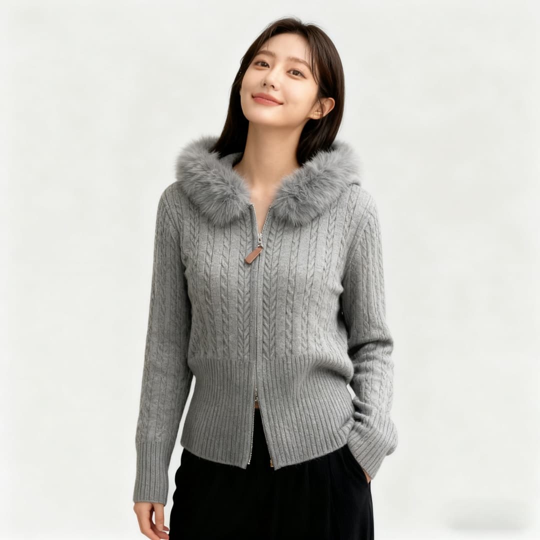 가을 겨울 한 부서 새로운 부드러운 부서 품격 모피 칼라 지퍼 꽈배기 스웨터 후드 니트 긴 소매 오픈 가디건 여성 상세 이미지 4