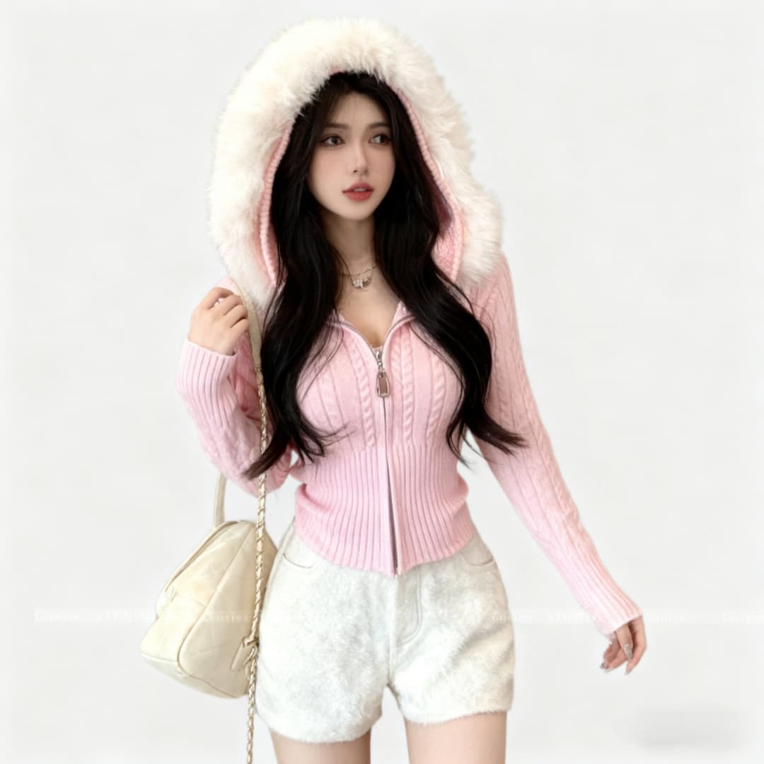 가을 겨울 한 부서 새로운 부드러운 부서 품격 모피 칼라 지퍼 꽈배기 스웨터 후드 니트 긴 소매 오픈 가디건 여성 상세 이미지 5