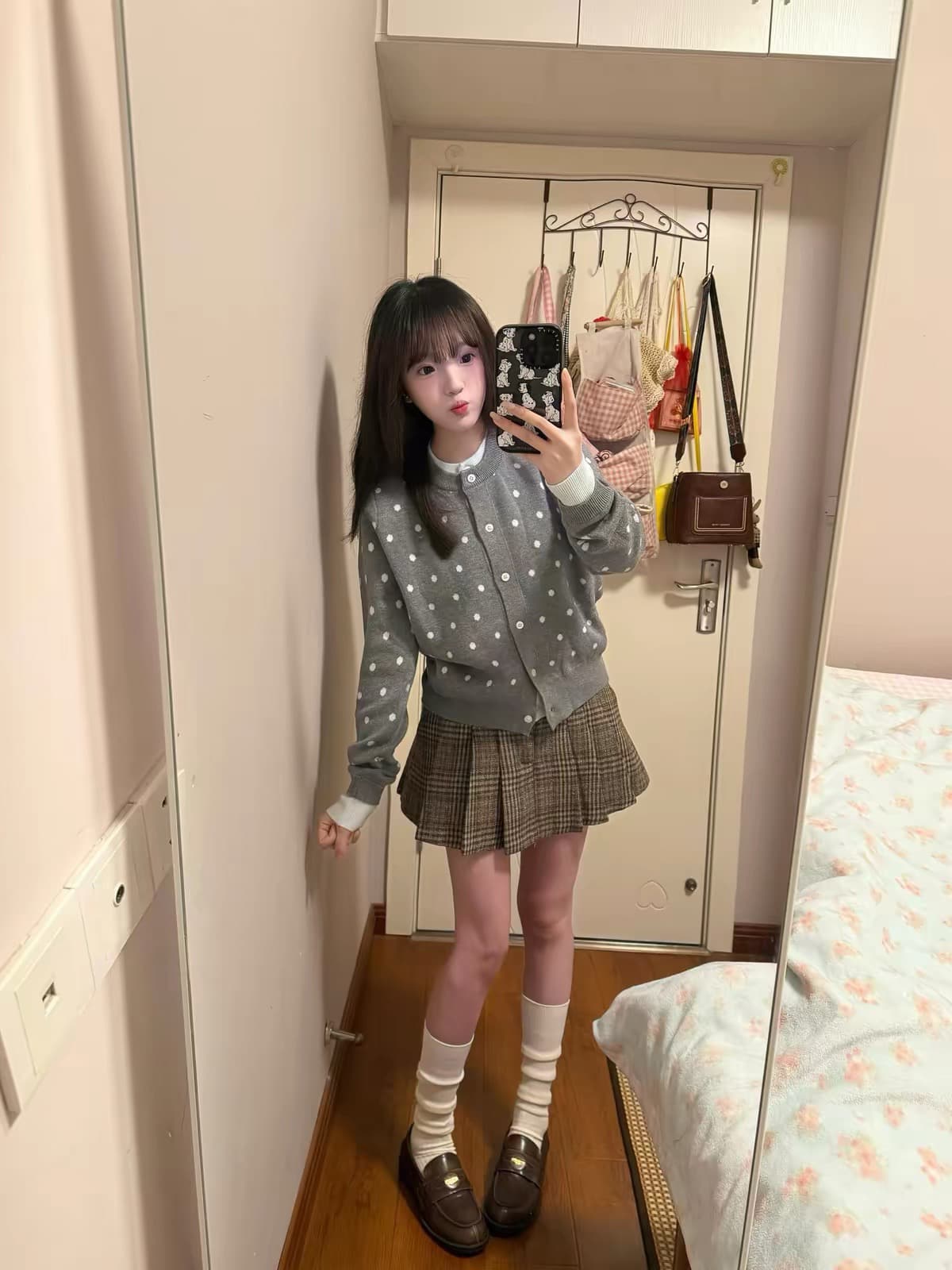 한 부서 레트로 도트 무늬 배색 페이크 레이어드 니트 오픈 가디건 스웨터 여자 봄 가을 디자인 센스 다용도 긴팔 맨위 이미지 2