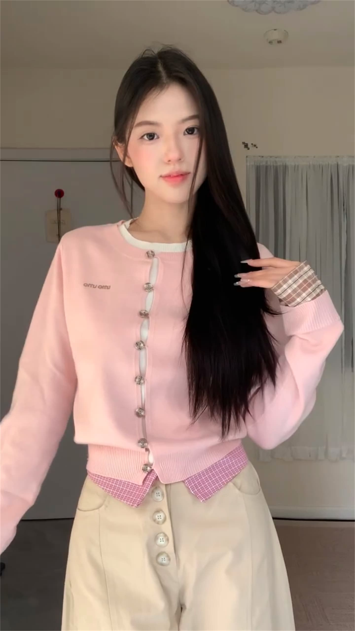 한 부서 레트로 도트 무늬 배색 페이크 레이어드 니트 오픈 가디건 스웨터 여자 봄 가을 디자인 센스 다용도 긴팔 맨위 상세 이미지 1