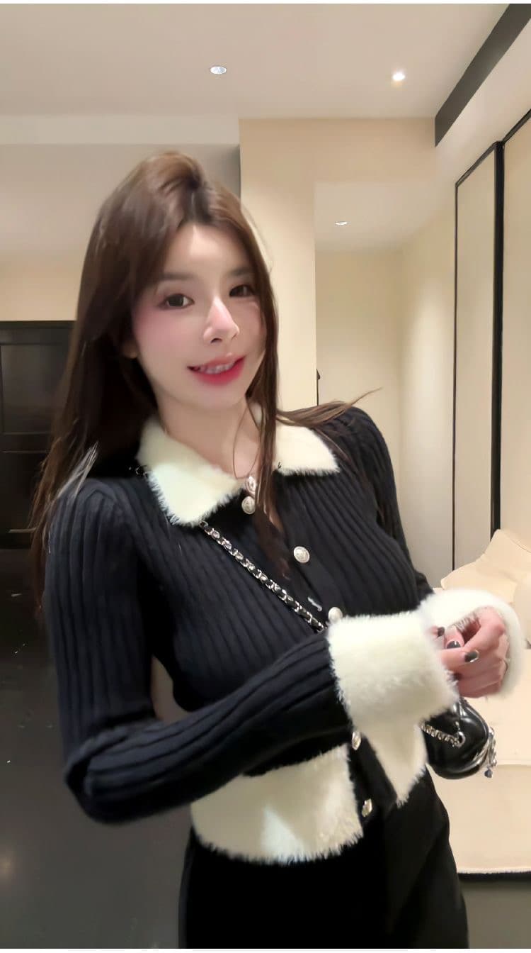 한국 스타일 배색 패치워크 폴로 칼라 니트 오픈 가디건 여성 가을 겨울 새로운 작은 샤넬 스타일 몸매 가꾸기 슬림해 보이는 다용도 스웨터 코트 이미지 2