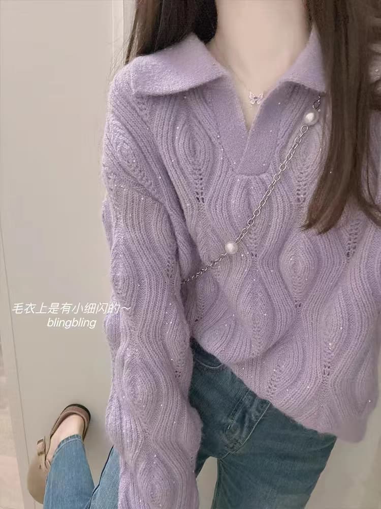 레트로 느긋한 바람 루즈핏 스웨터 여자 새로운 슬림해 보이는 작은 대중 디자인 센스 니트 스웨터 이미지 4