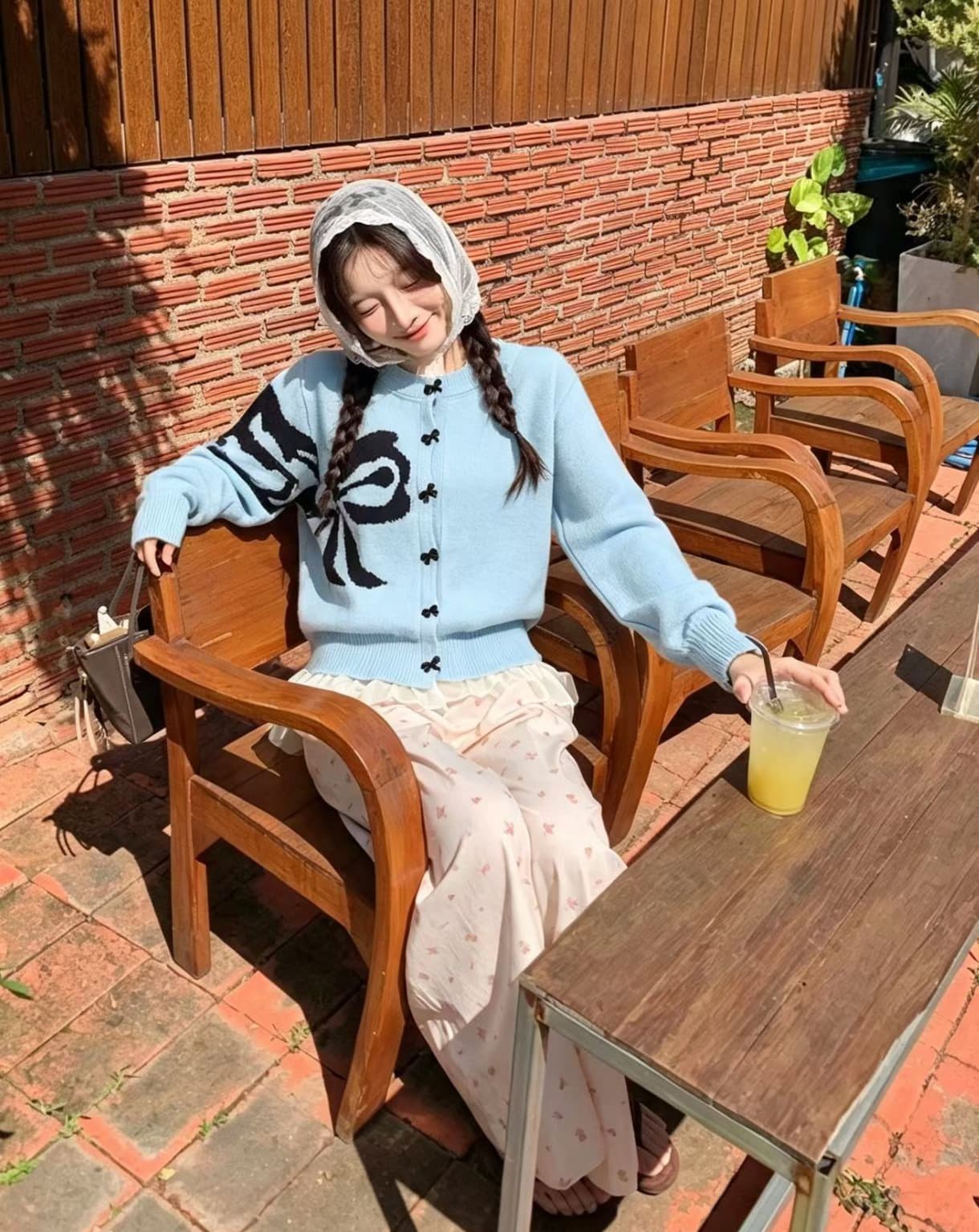 한국 chic 가을 겨울 여성 코트 프랑스식 디자인 센스 나비 매듭 프린트 패치워크 레이스 긴팔 니트 오픈 가디건 상세 이미지 2