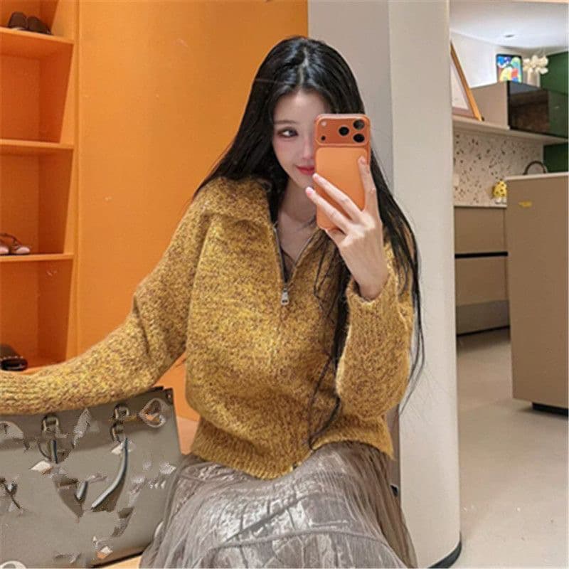 26 가을과 겨울 부드러운 찹쌀 긴 머리 꽃 실 폴로 칼라 스웨터 여성 코트 느긋한 루즈핏 두꺼운 더블 지퍼 니트 오픈 가디건 상세 이미지 5