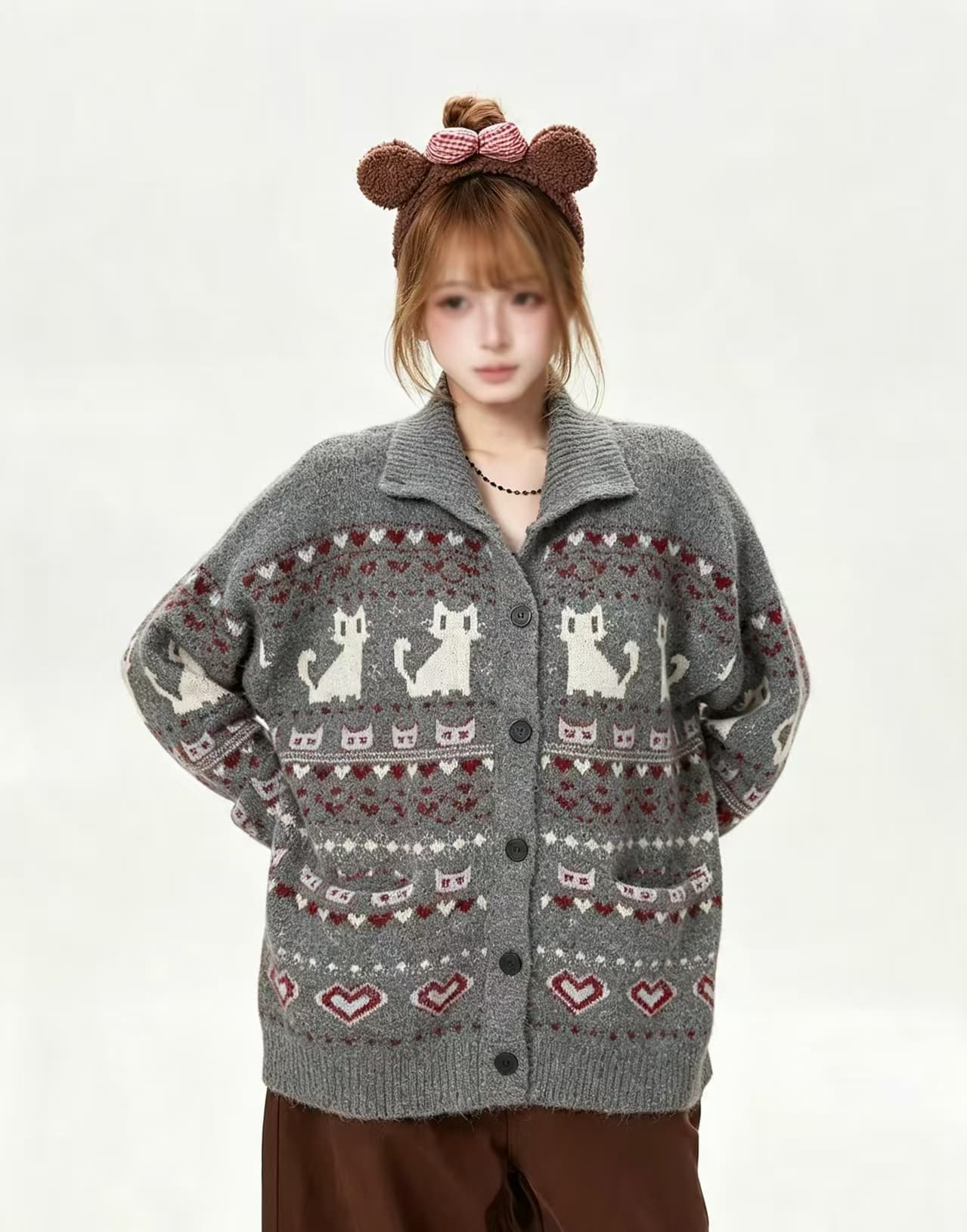 한 부서 레트로 공정한 섬 새끼 고양이 자카드 폴로 칼라 니트 오픈 가디건 스웨터 여자 느슨함 센스 스웨터 코트 이미지 2