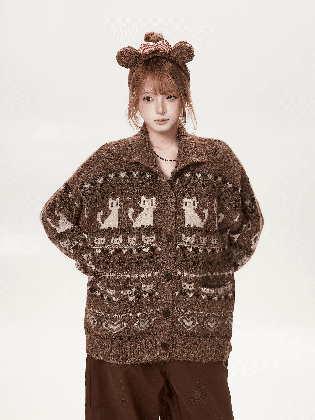 한 부서 레트로 공정한 섬 새끼 고양이 자카드 폴로 칼라 니트 오픈 가디건 스웨터 여자 느슨함 센스 스웨터 코트 상세 이미지 5