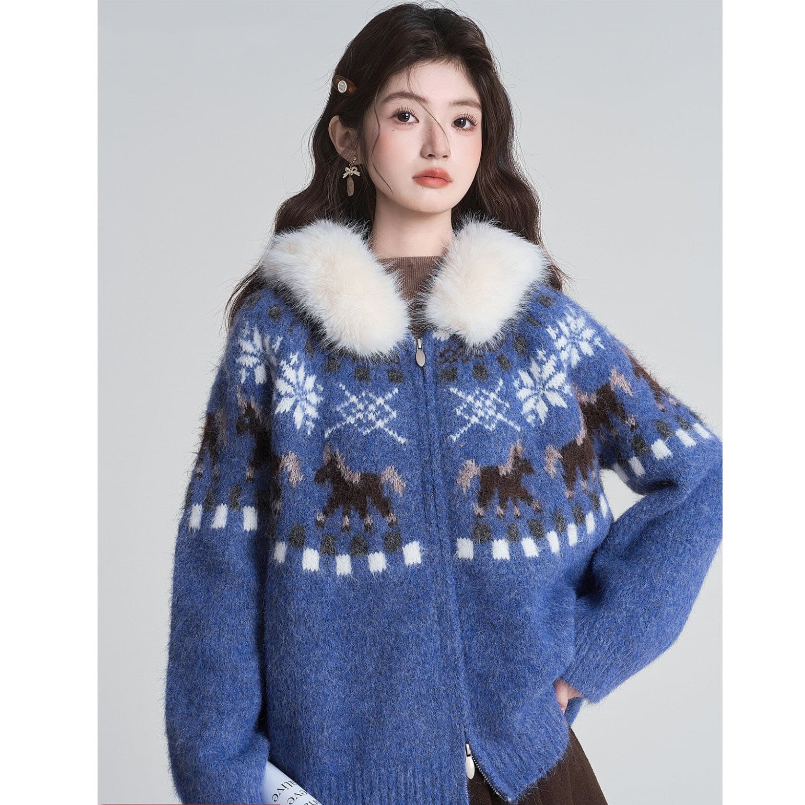한 부서 레트로 모피 칼라 후드 공정한 섬 스웨터 여성 코트 부드러운 찹쌀 루즈핏 두꺼운 니트 오픈 가디건 맨위