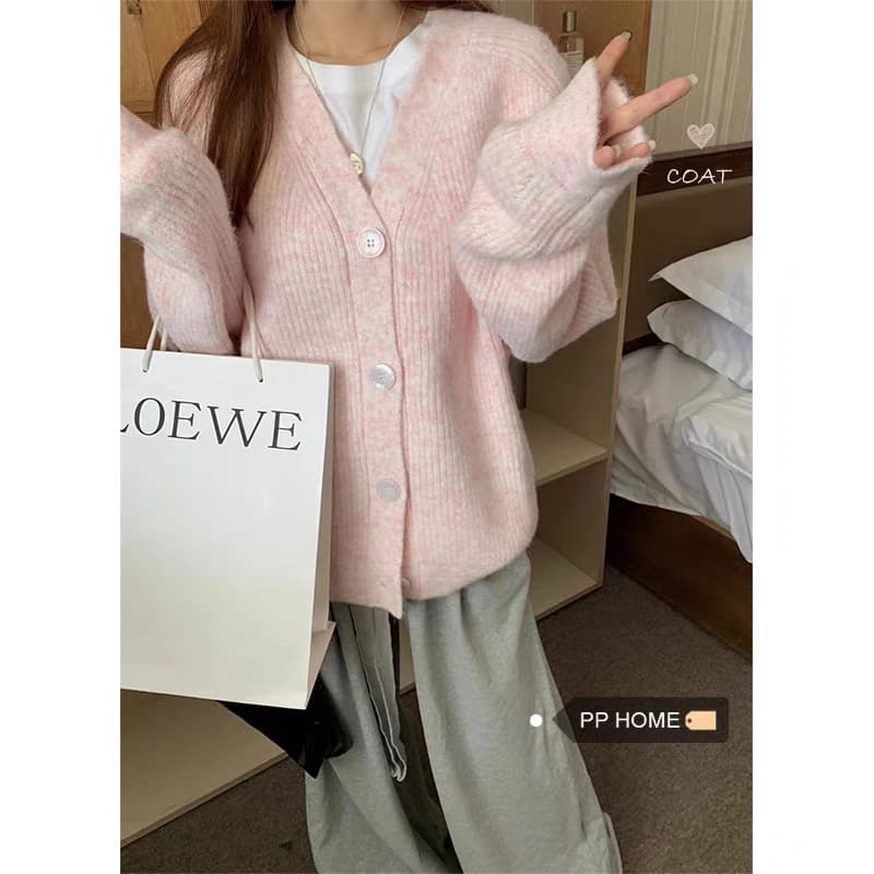 복숭아 알고있다. 소녀 부드러운 찹쌀 V넥 스웨터 여성 코트 가을 겨울 느긋한 바람 루즈핏 부드러운 니트 오픈 가디건 이미지 2