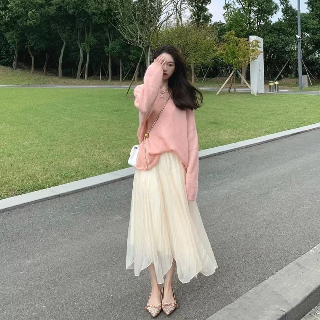 작은 샤넬 스타일 품격 핑크색 루즈핏 느긋한 바람 니트 스웨터 스웨터 상세 이미지 1