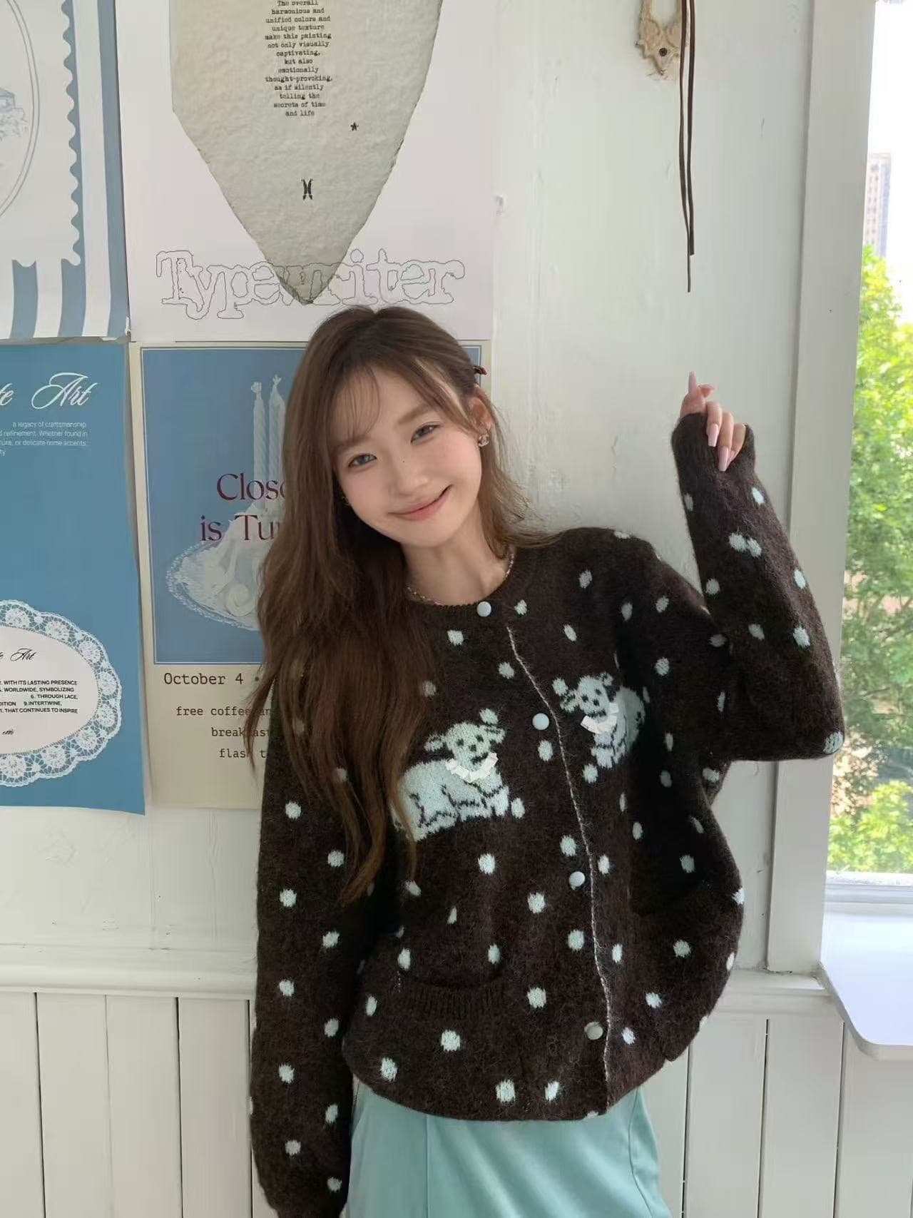 한 부서 루즈핏 도트 무늬 스웨터 여자 가을 겨울 부드러운 찹쌀 만화 연령 감소 라운드 넥 니트 오픈 가디건 캐주얼 느긋한 바람 맨위 상세 이미지 6