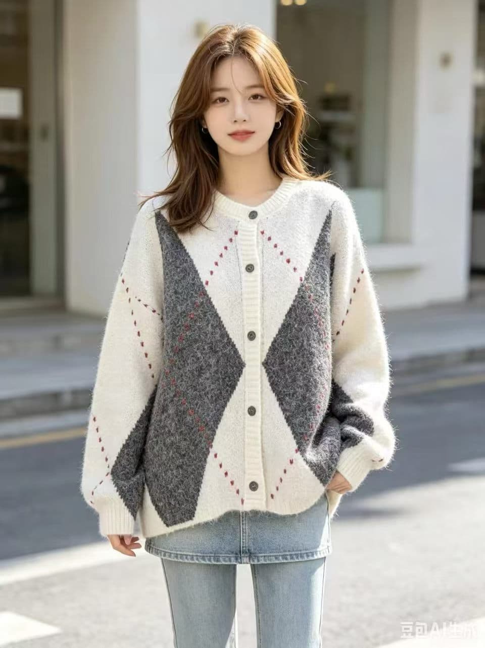 레트로 빨간색 모헤어 다이아몬드 모양 그리드 니트 스웨터 오픈 가디건 여자 신년 착용 가져 가라. 자이언트 잘 생긴 ~ 중 겨울 의류 인사이드 가져 가라. 이미지 2