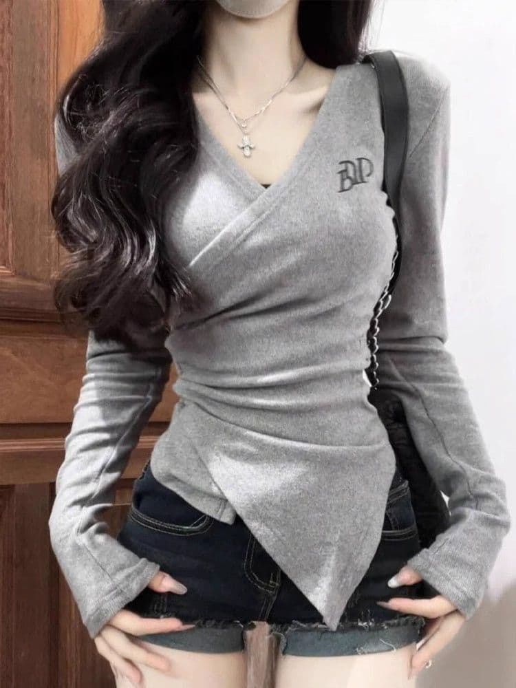 십자가 긴팔 가을 새로운 만나는 티셔츠 허리 수축 몸매 가꾸기 핫걸 맨위 상세 이미지 2
