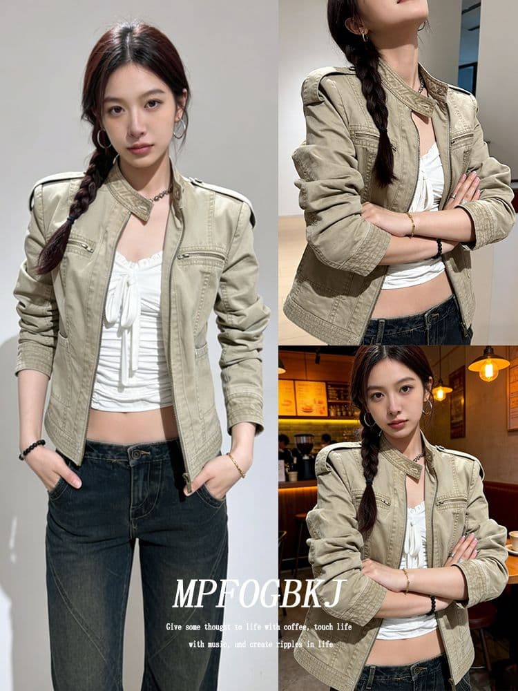 스탠드 칼라 마 오래된 아메리칸 레트로 쇼트 스타일 데님 여성 코트 이른 가을 새로운 긍정적 인 어깨 재킷 맨위 이미지 3