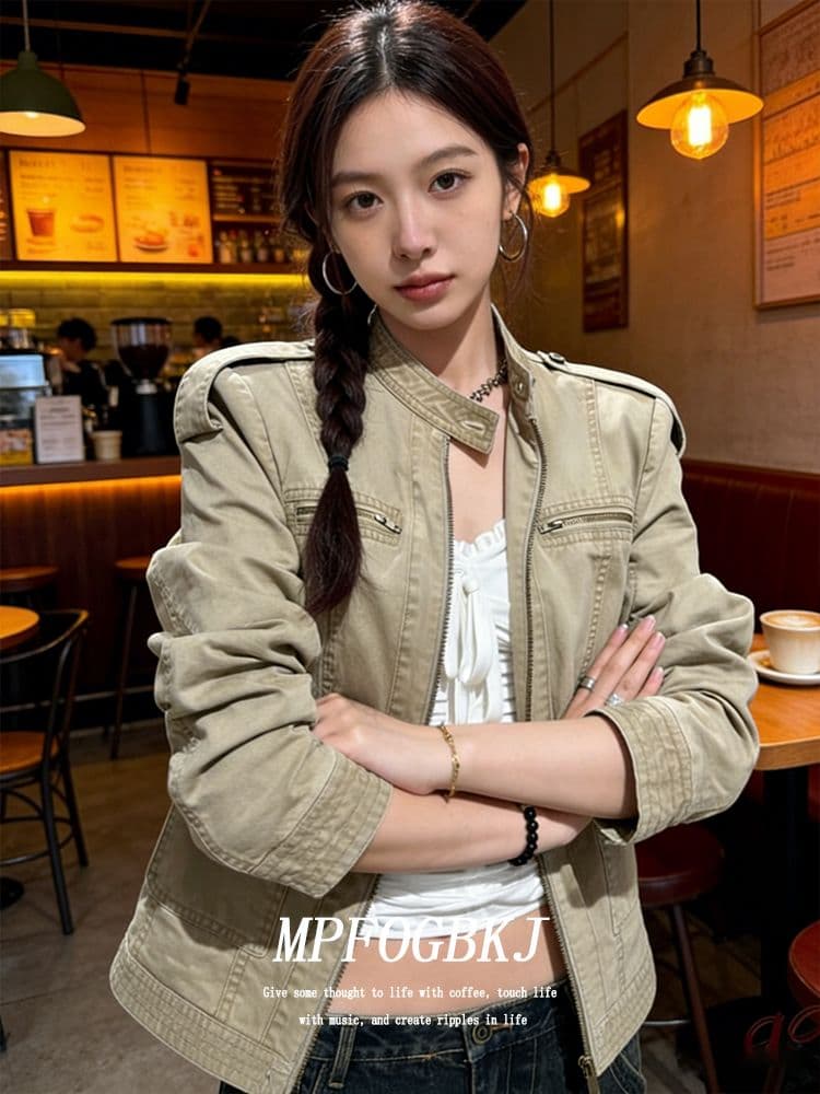스탠드 칼라 마 오래된 아메리칸 레트로 쇼트 스타일 데님 여성 코트 이른 가을 새로운 긍정적 인 어깨 재킷 맨위 이미지 2