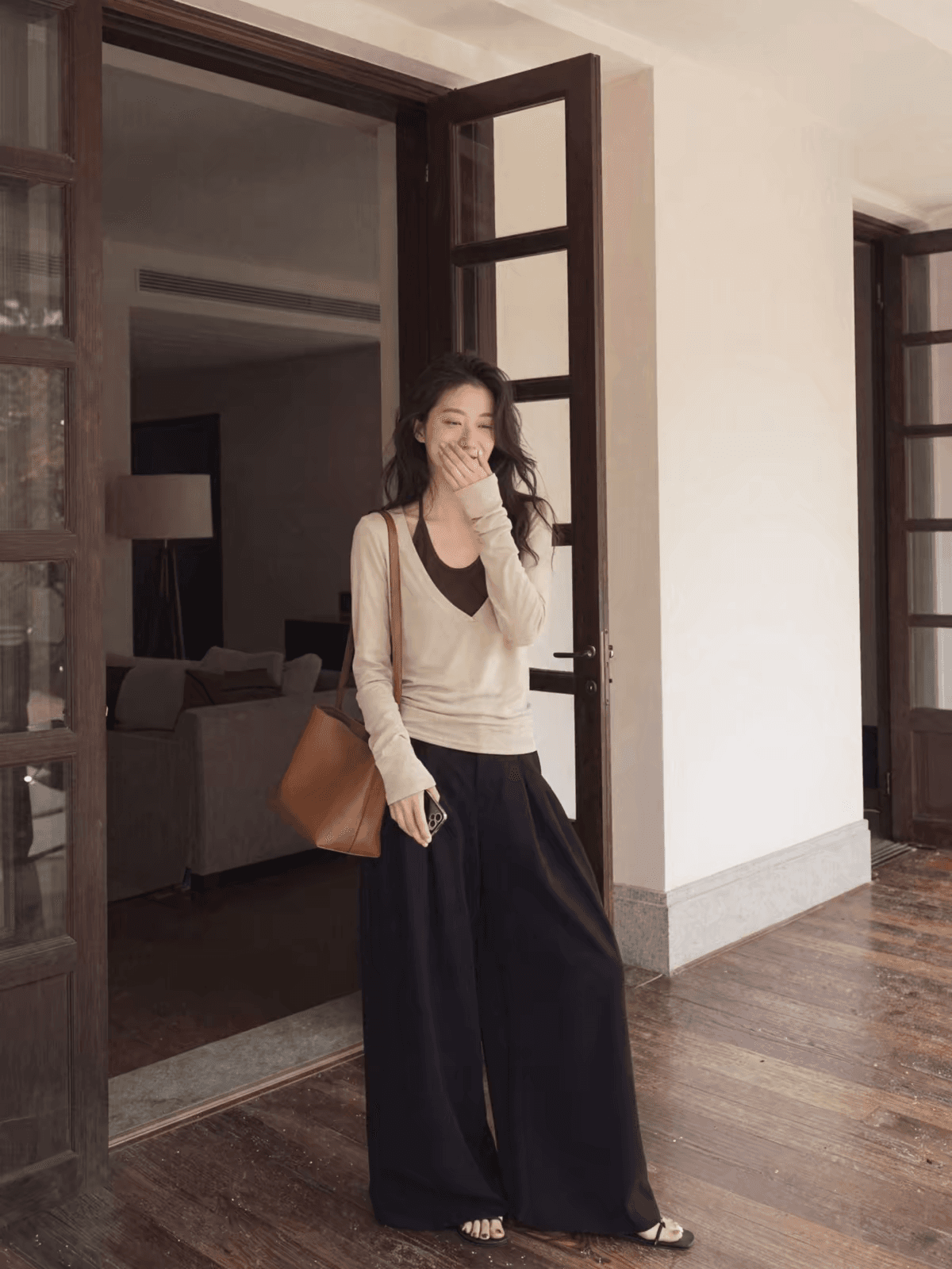 한 부서 긴팔 티셔츠 여성 행침 목 슬립 투피스 세트 이미지 3