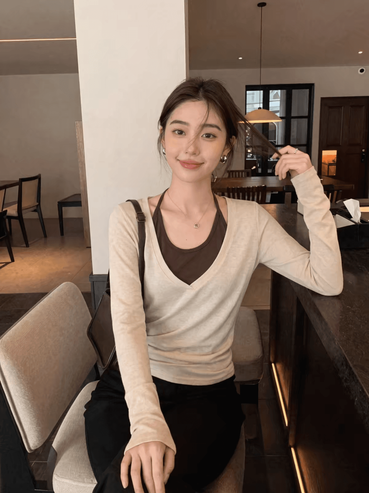 한 부서 긴팔 티셔츠 여성 행침 목 슬립 투피스 세트 상세 이미지 3