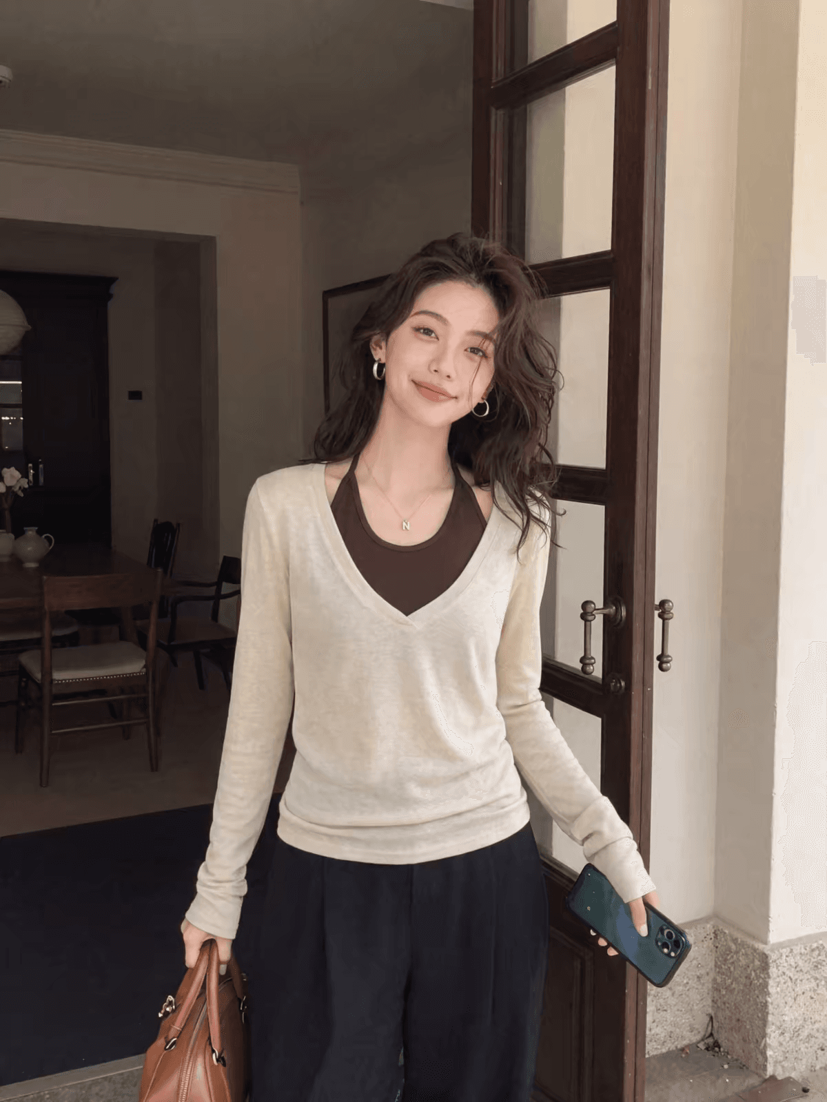 한 부서 긴팔 티셔츠 여성 행침 목 슬립 투피스 세트 상세 이미지 4