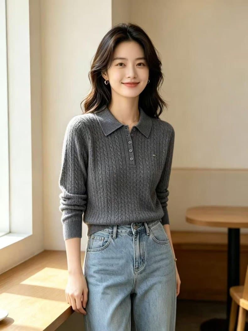 파일 입 새로운 2026 새로운 여자 부드러운 찹쌀 6 양모 니트 POLO 셔츠 긴팔 탑 옷깃 기본 셔츠 상세 이미지 2