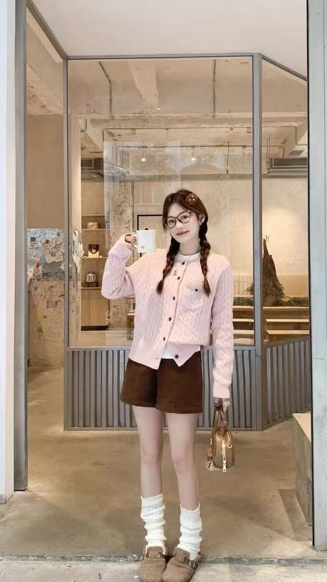 핑크색 꽈배기 긍정적 인 어깨 긴팔 니트 스웨터 여성 코트 가을 겨울철 몸매 가꾸기 쇼트 스타일 인사이드 가져 가라. 만나는 오픈 가디건 맨위 상세 이미지 2