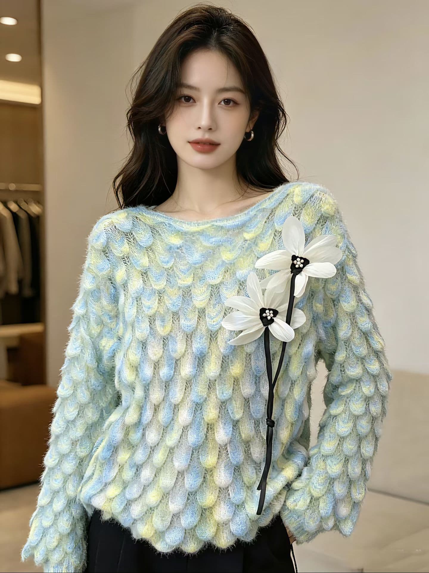 느긋한 바람 그라데이션 니트 스웨터 여성 2026 가을 새로운 루즈핏 외국 가스 3 차원 꽃 라운드 넥 풀오버 외출용 이미지 3