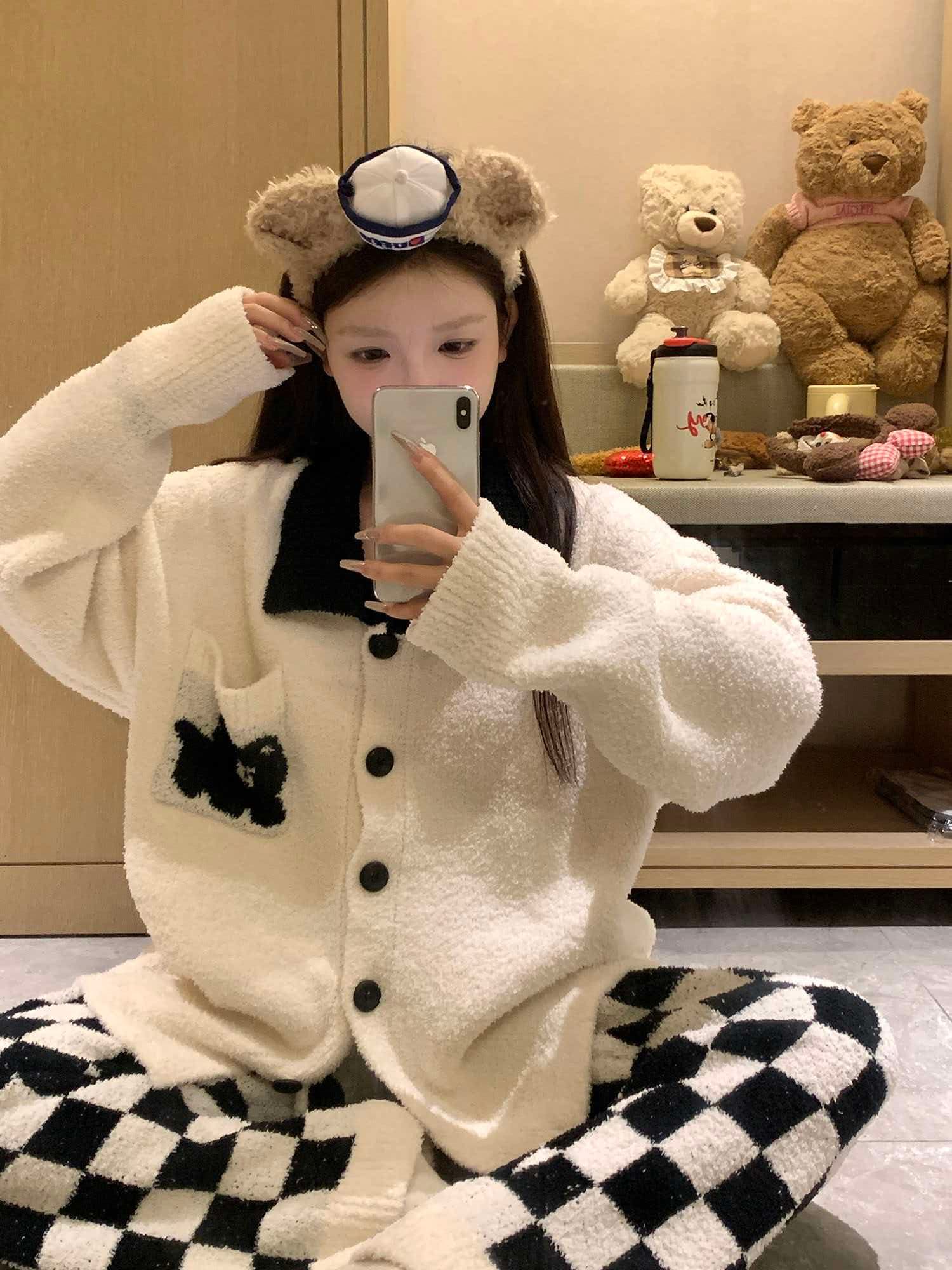 예쁜 됐어. 아름다움 159 일괄 처리 겨울 롱 플러시 두꺼운 폴로 칼라 오픈 가디건 긴팔 긴 바지 잠옷 여성복 가정 서비스 이미지 3
