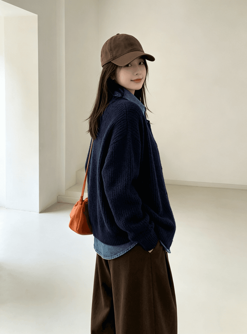 데님 POLO 칼라 패치워크 스웨터 니트 스웨터 여성 두꺼운 카디건 코트 가을 겨울 디자인 센스 단추 맨위 상세 이미지 2