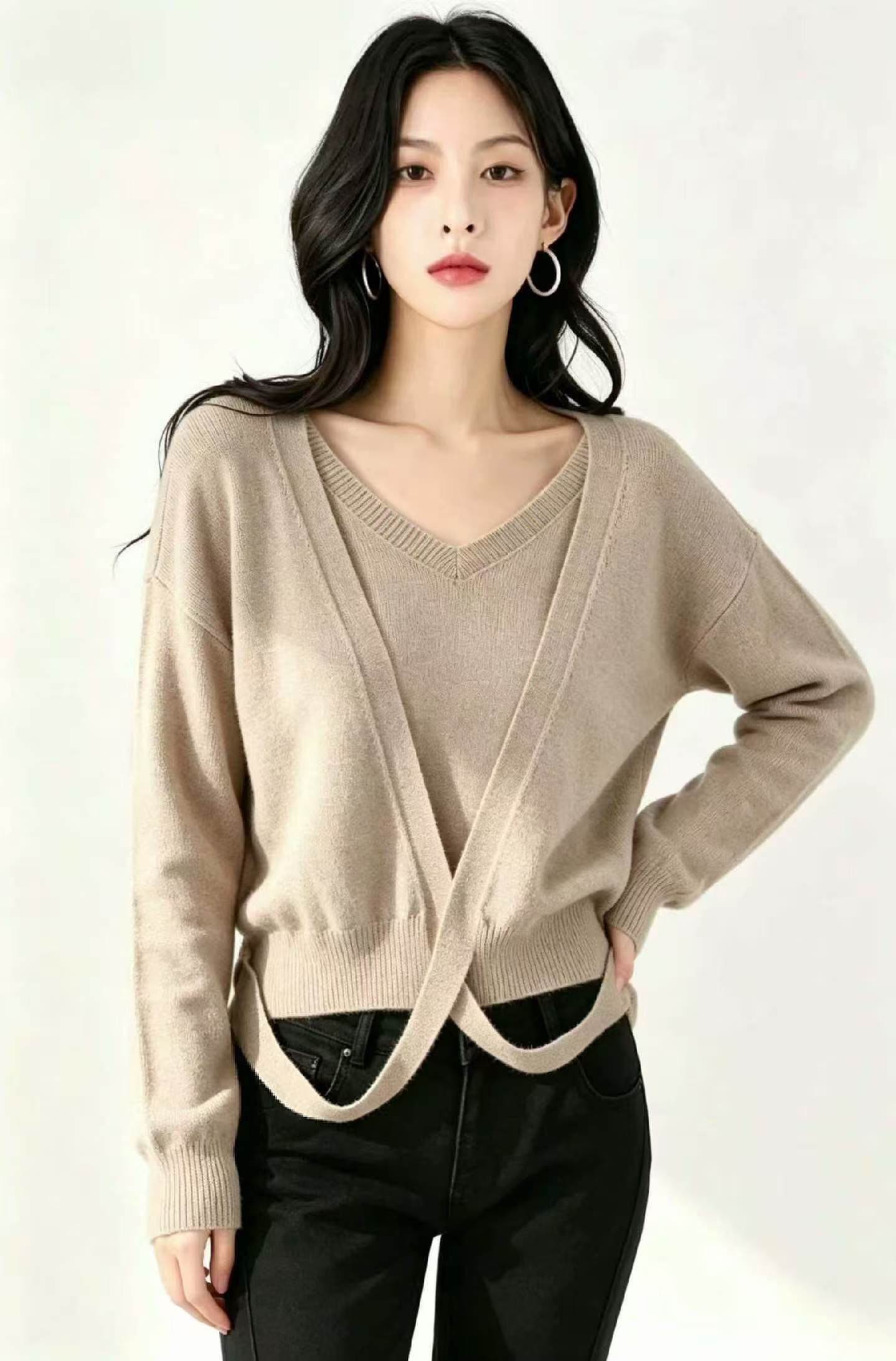 작은 대중 품격 라운드 넥 니트 조끼 디자인 센스 십자가 스트랩 긴팔 스웨터 페이크 레이어드 맨위