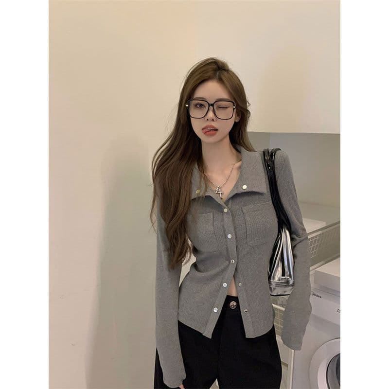 티셔츠 여성 봄과 가을 디자인 센스 슬림해 보이는 핫걸 POLO 셔츠 긴팔 맨위 오픈 가디건 이미지 2