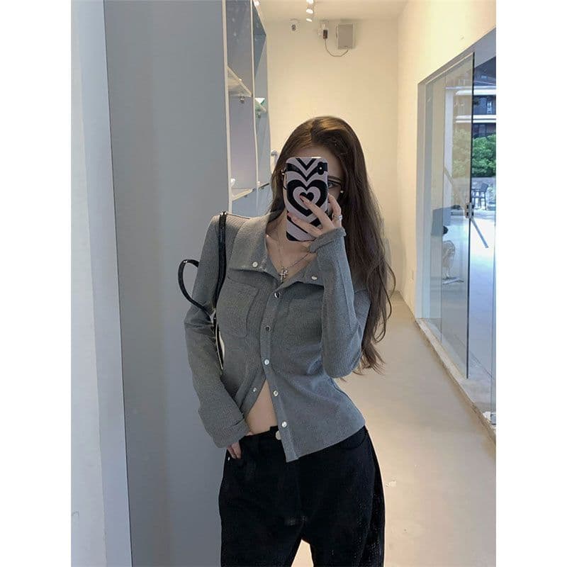 티셔츠 여성 봄과 가을 디자인 센스 슬림해 보이는 핫걸 POLO 셔츠 긴팔 맨위 오픈 가디건 이미지 5