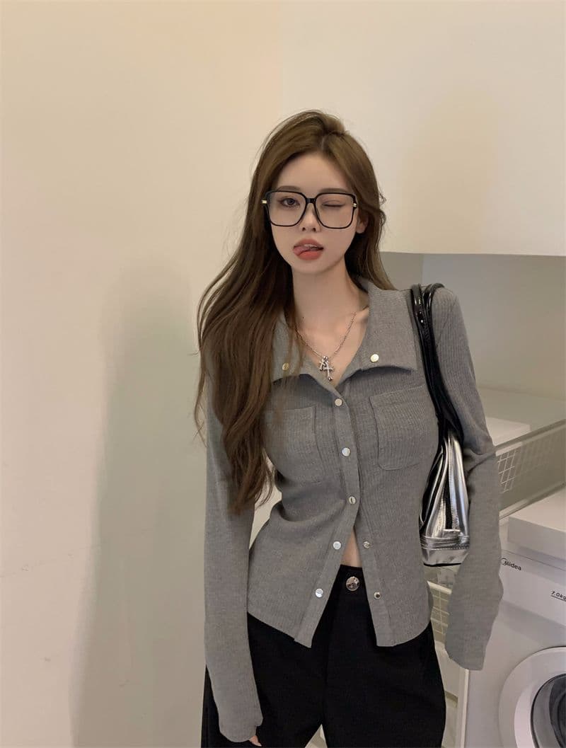 티셔츠 여성 봄과 가을 디자인 센스 슬림해 보이는 핫걸 POLO 셔츠 긴팔 맨위 오픈 가디건 상세 이미지 2