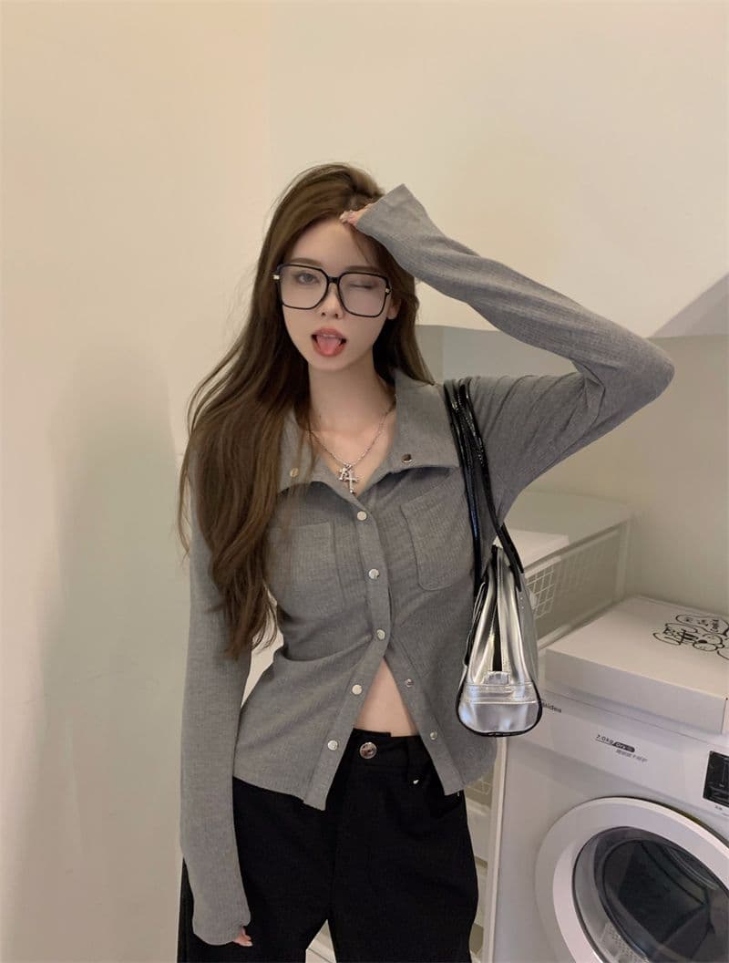 티셔츠 여성 봄과 가을 디자인 센스 슬림해 보이는 핫걸 POLO 셔츠 긴팔 맨위 오픈 가디건 상세 이미지 3