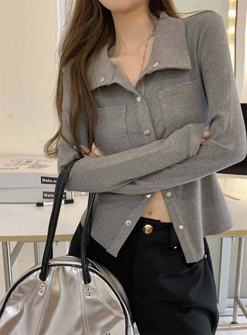 티셔츠 여성 봄과 가을 디자인 센스 슬림해 보이는 핫걸 POLO 셔츠 긴팔 맨위 오픈 가디건 상세 이미지 8