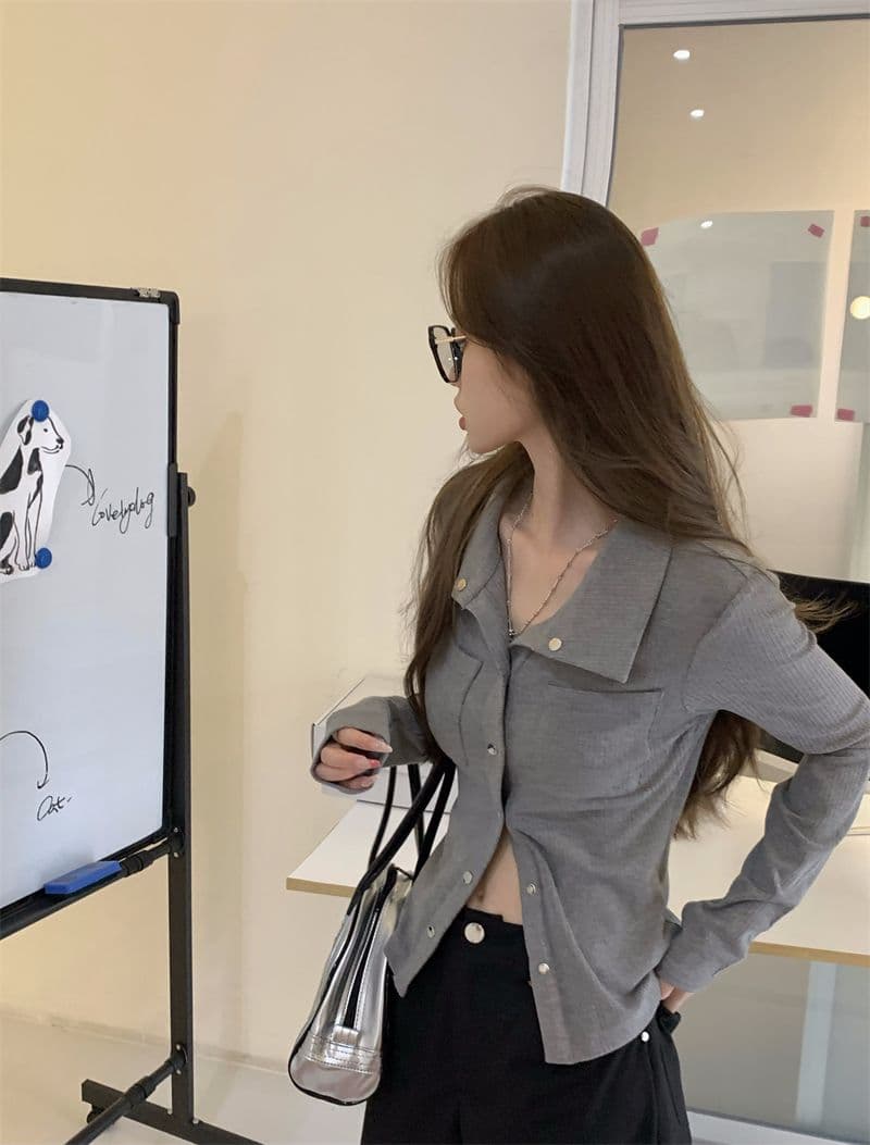 티셔츠 여성 봄과 가을 디자인 센스 슬림해 보이는 핫걸 POLO 셔츠 긴팔 맨위 오픈 가디건 상세 이미지 10