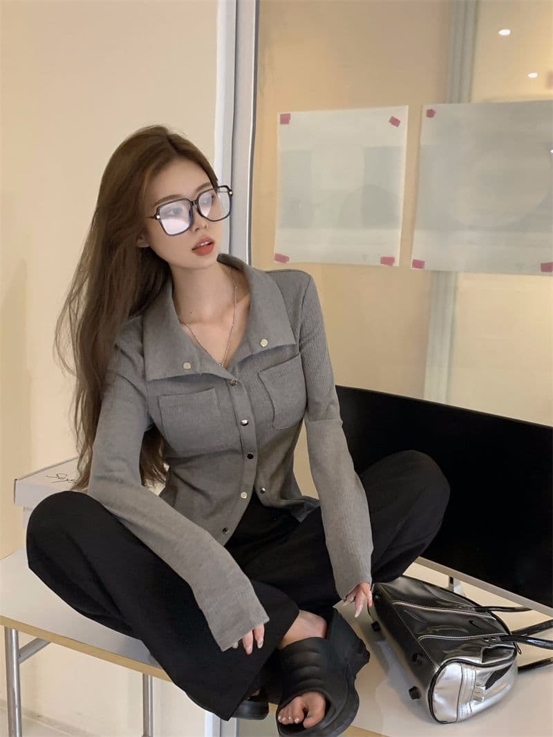 티셔츠 여성 봄과 가을 디자인 센스 슬림해 보이는 핫걸 POLO 셔츠 긴팔 맨위 오픈 가디건 상세 이미지 12