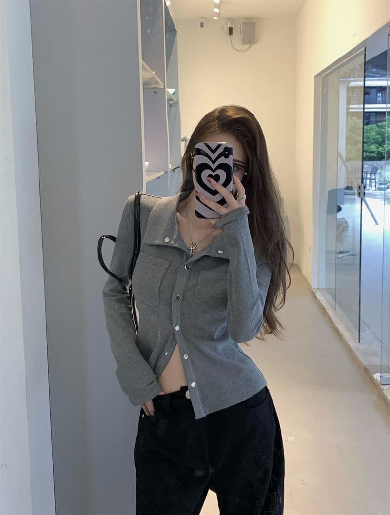 티셔츠 여성 봄과 가을 디자인 센스 슬림해 보이는 핫걸 POLO 셔츠 긴팔 맨위 오픈 가디건 상세 이미지 13