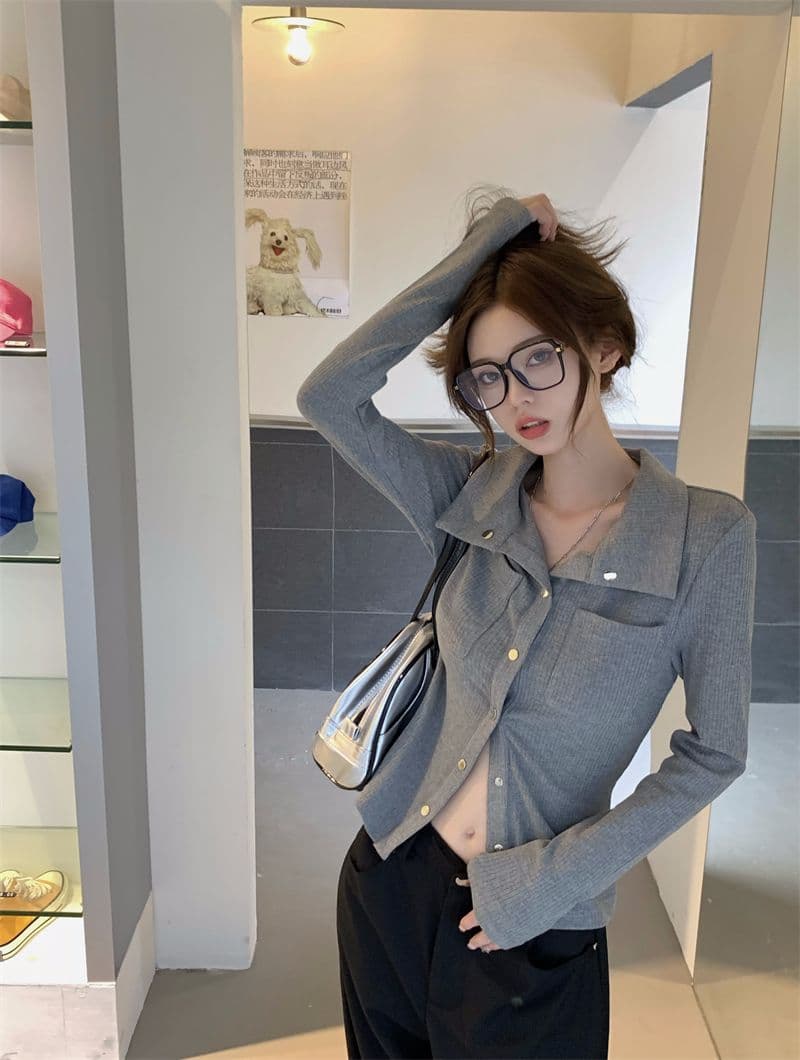 티셔츠 여성 봄과 가을 디자인 센스 슬림해 보이는 핫걸 POLO 셔츠 긴팔 맨위 오픈 가디건 상세 이미지 14