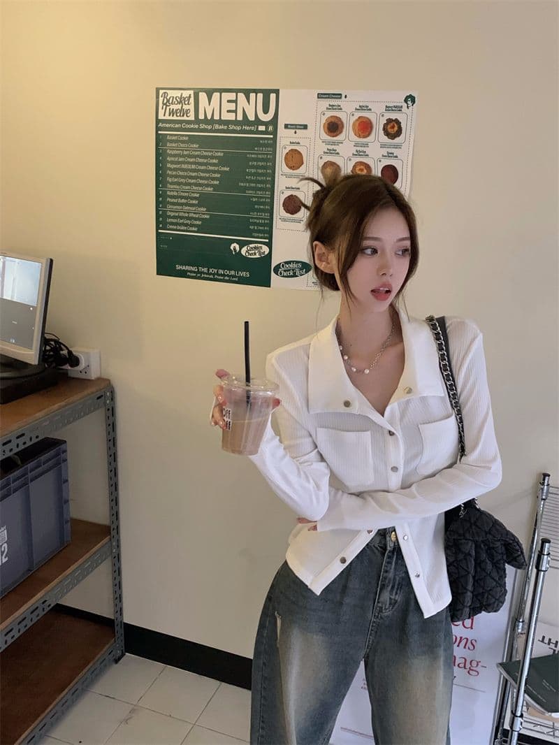 티셔츠 여성 봄과 가을 디자인 센스 슬림해 보이는 핫걸 POLO 셔츠 긴팔 맨위 오픈 가디건 상세 이미지 17