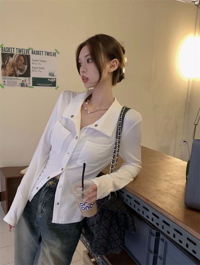 티셔츠 여성 봄과 가을 디자인 센스 슬림해 보이는 핫걸 POLO 셔츠 긴팔 맨위 오픈 가디건 상세 이미지 21