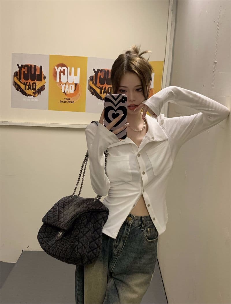 티셔츠 여성 봄과 가을 디자인 센스 슬림해 보이는 핫걸 POLO 셔츠 긴팔 맨위 오픈 가디건 상세 이미지 25
