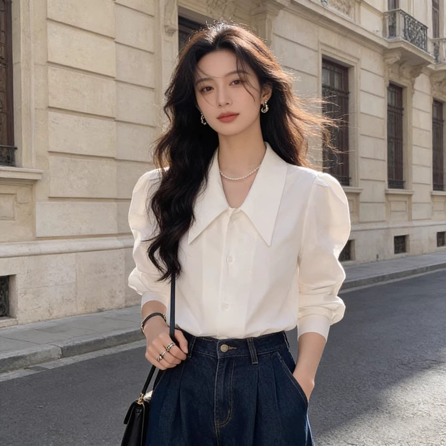프랑스식 고급 센스 품격 미니멀리즘 다용도 슬림해 보이는 긴팔 만나는 거품 소매 셔츠 맨위 ins 상세 이미지 2