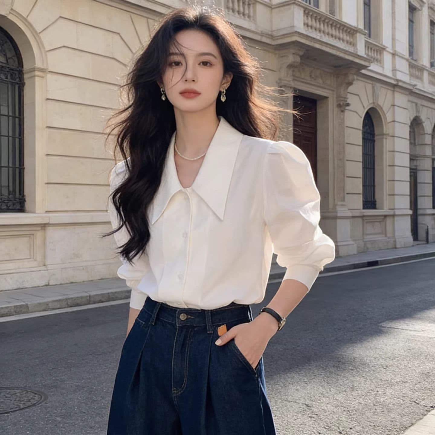 프랑스식 고급 센스 품격 미니멀리즘 다용도 슬림해 보이는 긴팔 만나는 거품 소매 셔츠 맨위 ins 상세 이미지 4