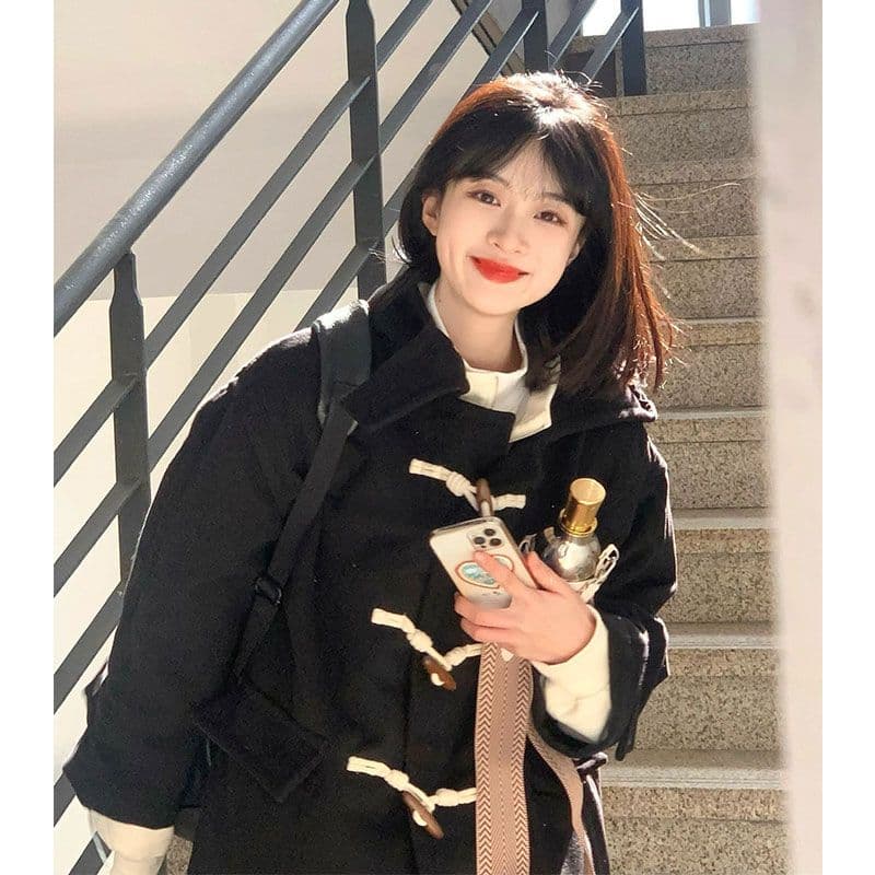 360 그램 검정색 소뿔 버클 코트 여성 겨울 학원 스타일 후드 모직 외투 이미지 3