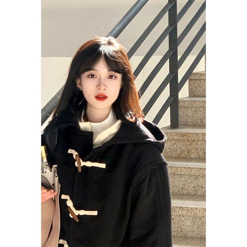 360 그램 검정색 소뿔 버클 코트 여성 겨울 학원 스타일 후드 모직 외투 상세 이미지 2