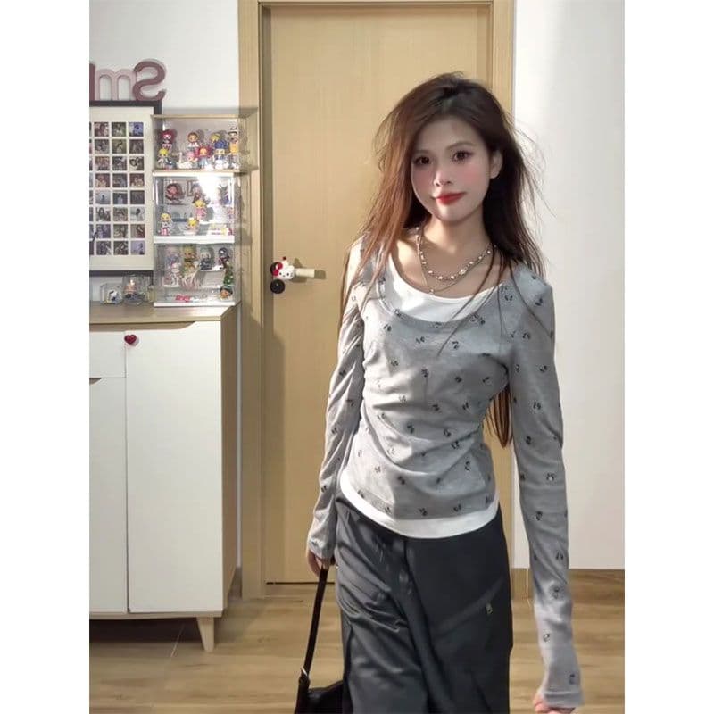 아메리칸 페이크 레이어드 나비 매듭 긴팔 티셔츠 여름 얇은 스타일 핫걸 몸매 가꾸기 맨위 이미지 2